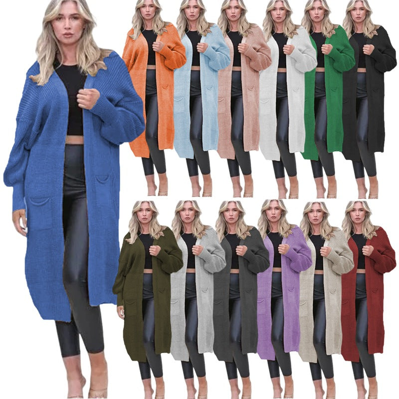 Damen Grobstrick Cardigan Offene Taschen Lässig Beige - Norvielle