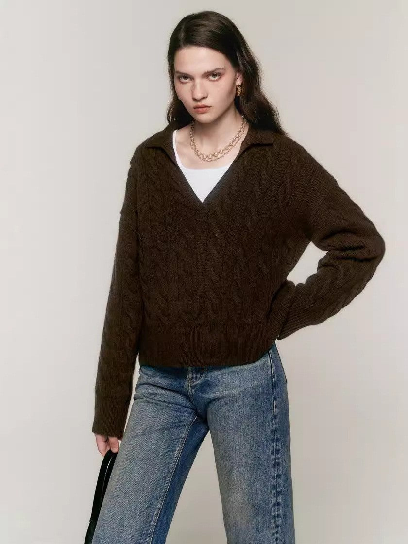 Damen Strickpullover V-Ausschnitt Kabelmuster