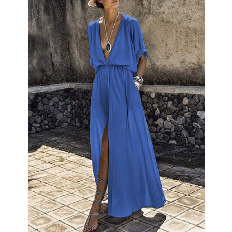 Damen Maxikleid V-Ausschnitt Raffierter Schlitz Norvielle