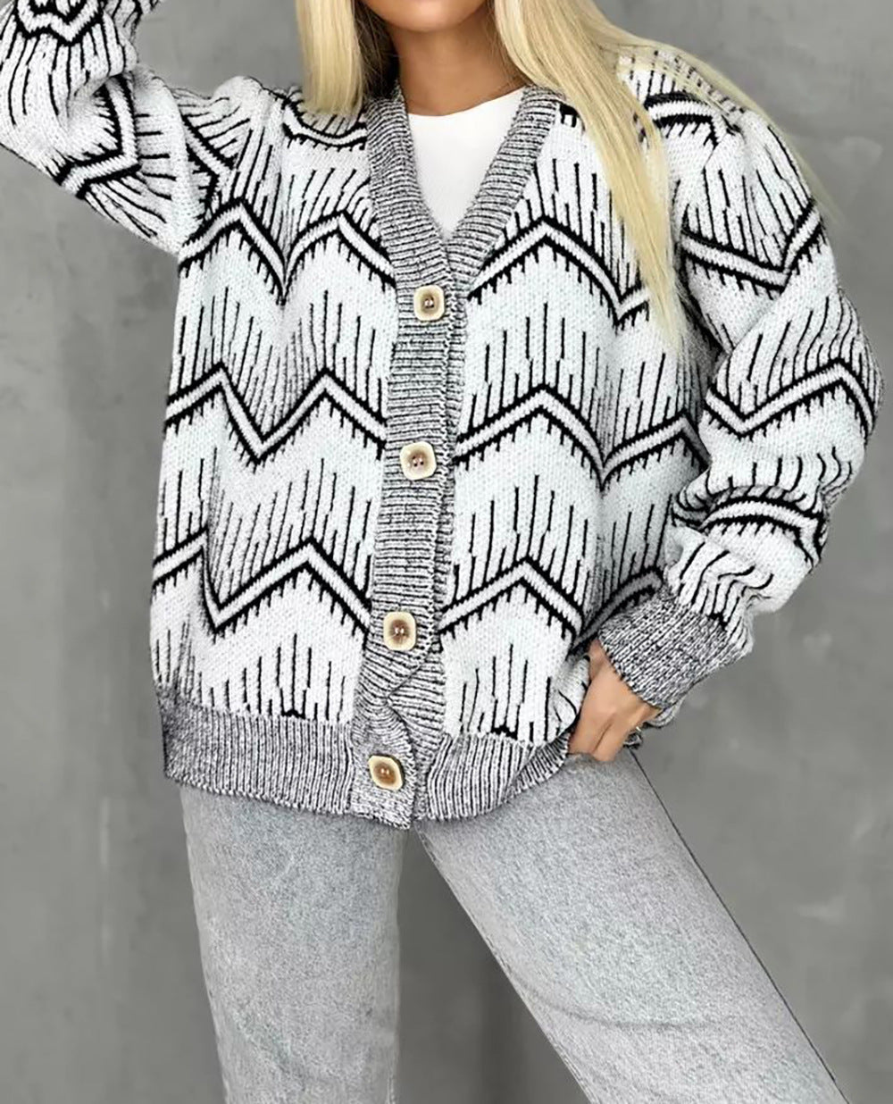 Damen Strickjacke Zigzag-Muster Knöpfe Beige