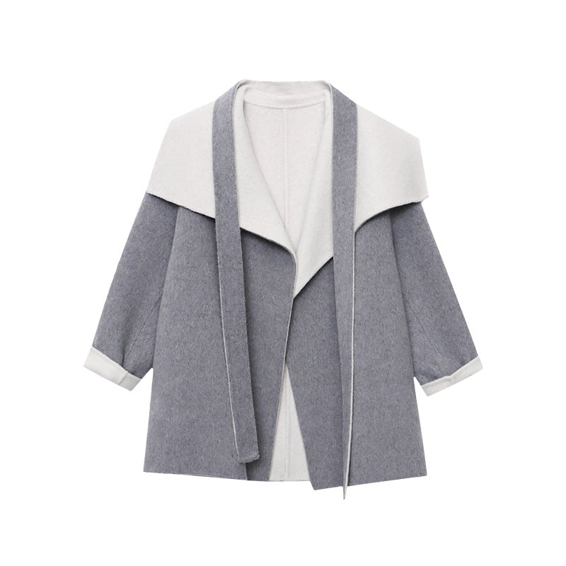 Damen Wolljacke Breiter Revers Bindegürtel Beige