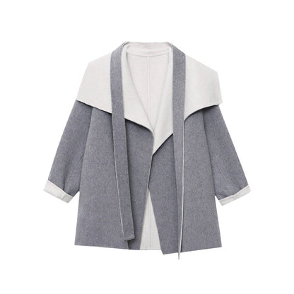 Damen Wolljacke Breiter Revers Bindegürtel Beige