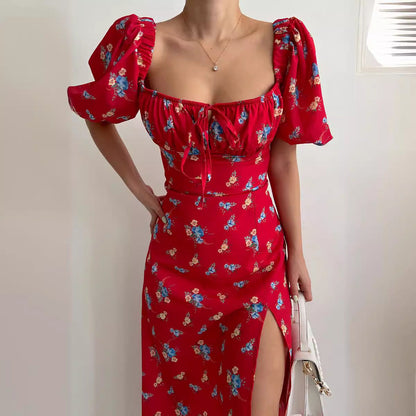Damen Maxikleid Blütenmuster Puffärmel Hoch Beinschlitz Norvielle