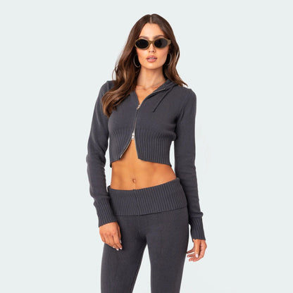 Damen Strickanzug Cropped Hoodie Weite Hose Bequem Norvielle