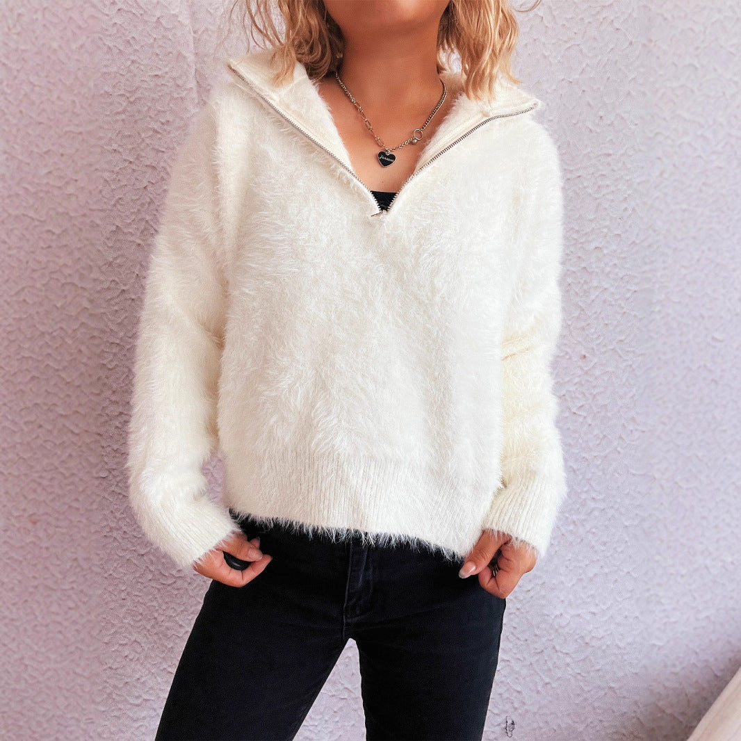 Damen Pullover Kuschelig Hochkragen Reißverschluss - Norvielle