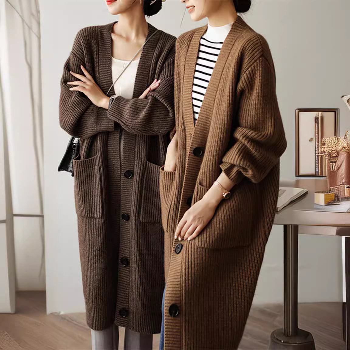 Damen Strickcardigan Großzügig Geschnitten Mit Taschen Dekorativer - Norvielle