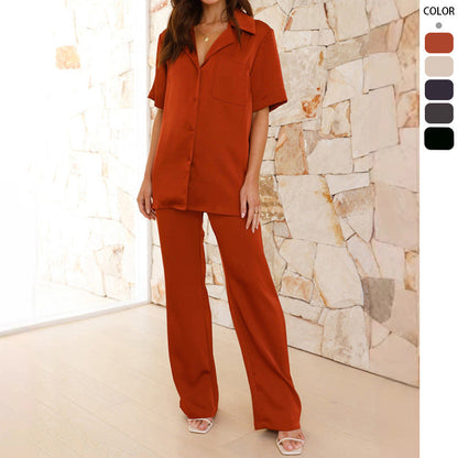 Damen Satin Schlafanzug Kurzarm Bluse Weite Hose Norvielle - Norvielle