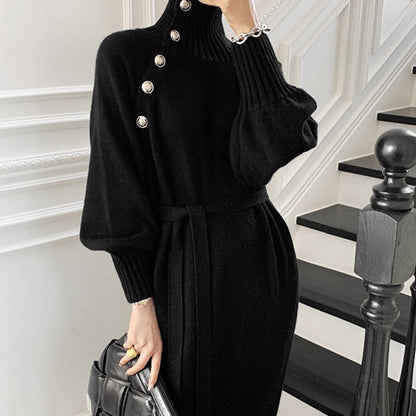 Damen Strickkleid Hochkragen Dekorative Knöpfe Norvielle