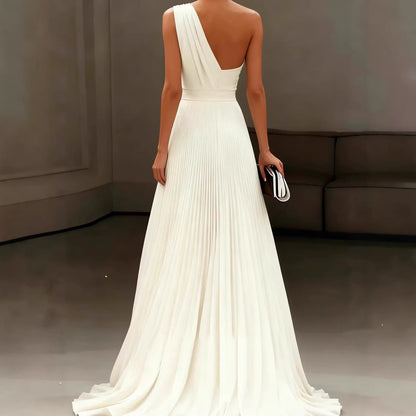 Damen Elegantes Schulterkleid mit Plissee und fließendem Saum