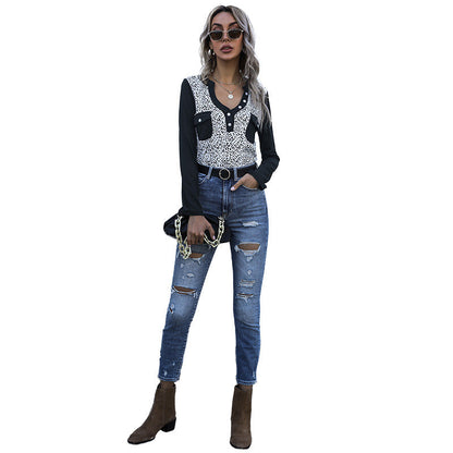 Damen Langarmshirt Leoprint Baumwolle Taschen Beige