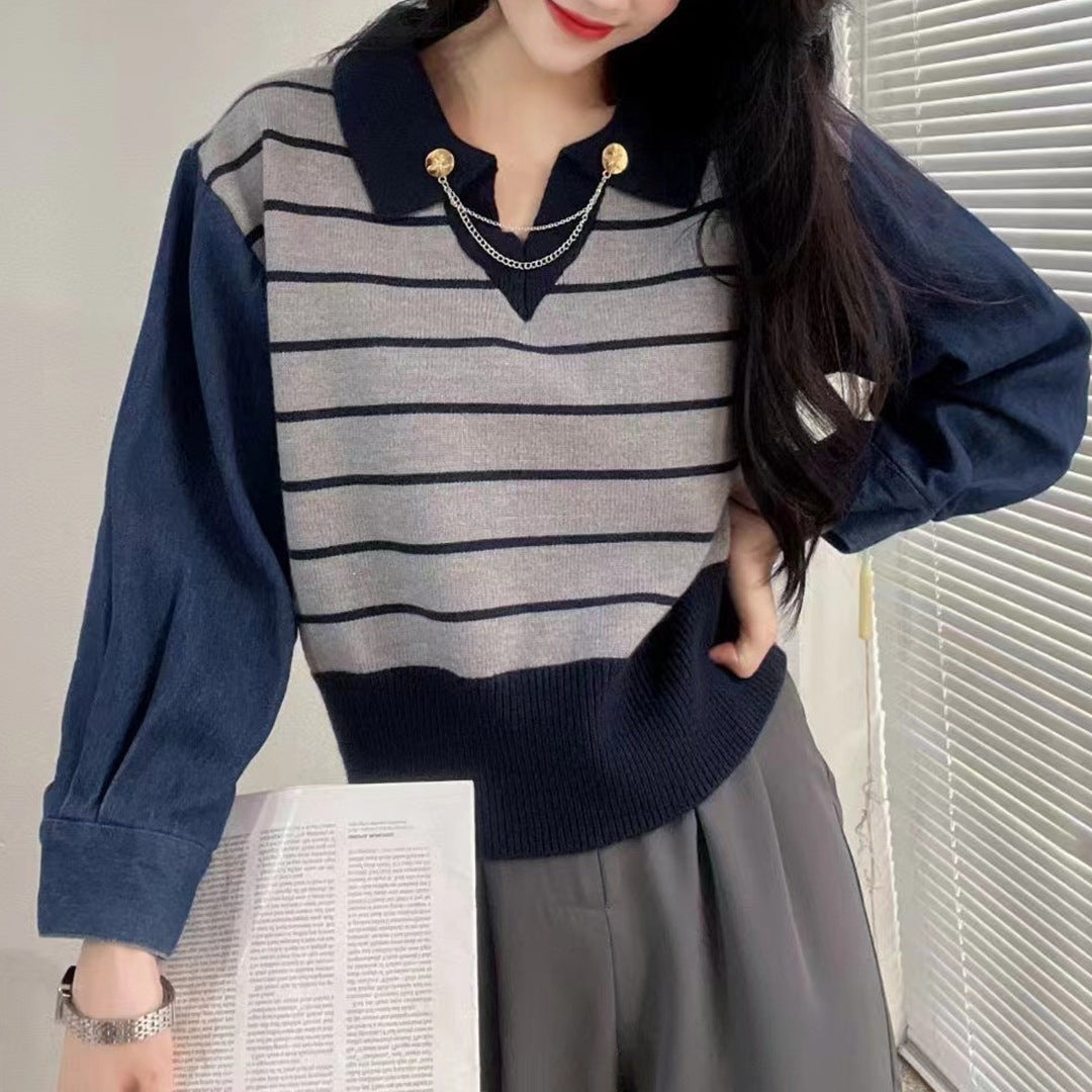 Damen Pullover Poloshirt Kontrastkragen Dekorativen Knöpfe Norvielle