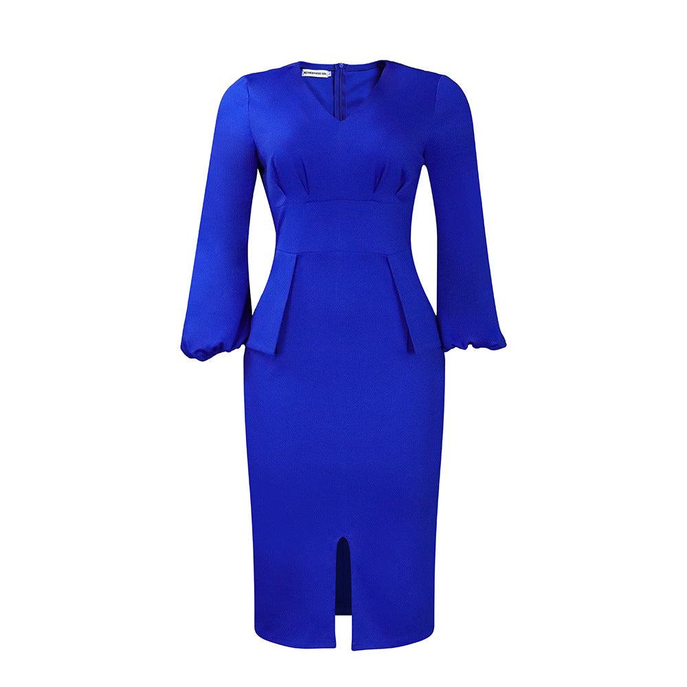 Damen Midi-Kleid Figurbetont Puffärmel Schlitz Norvielle