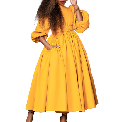 Damen Maxikleid Hochgeschlossener Kragen Abnehmbarer Gürtel Norvielle