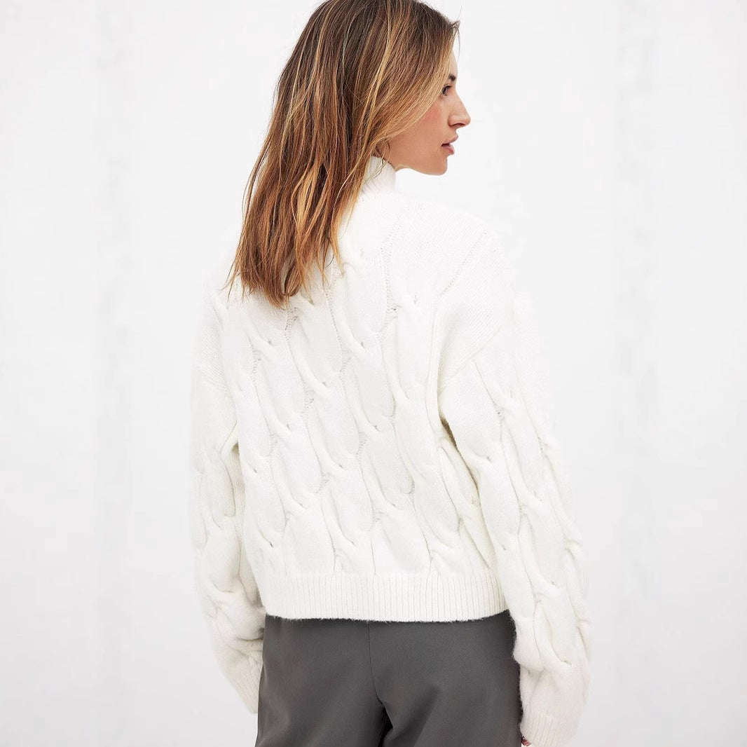 Damen Grobstrickpullover Hochkragen Zopfmuster Beige