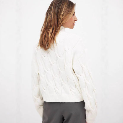 Damen Grobstrickpullover Hochkragen Zopfmuster Beige