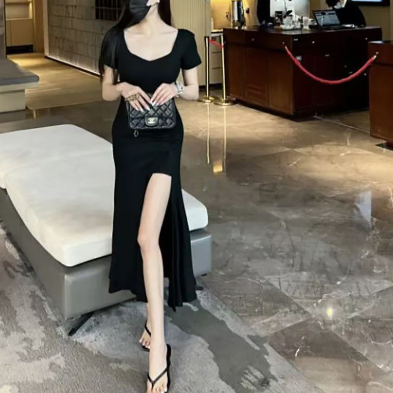Damen Langkleid Figurbetont Raffungseffekt Hochschlitz Schwarz - Norvielle