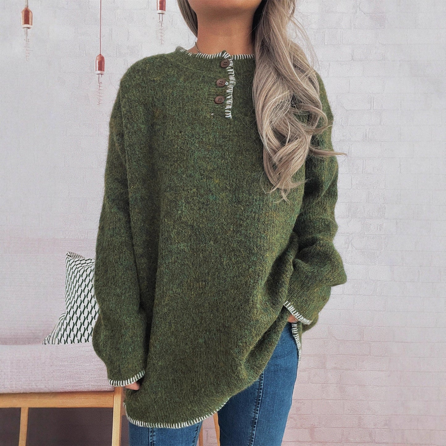 Damen Strickpullover Übergroß Klassisches Knopfdesign Beige - Norvielle