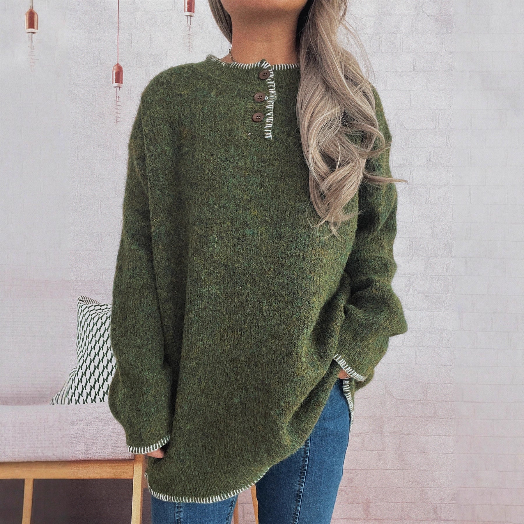 Damen Strickpullover Übergroß Klassisches Knopfdesign Beige - Norvielle