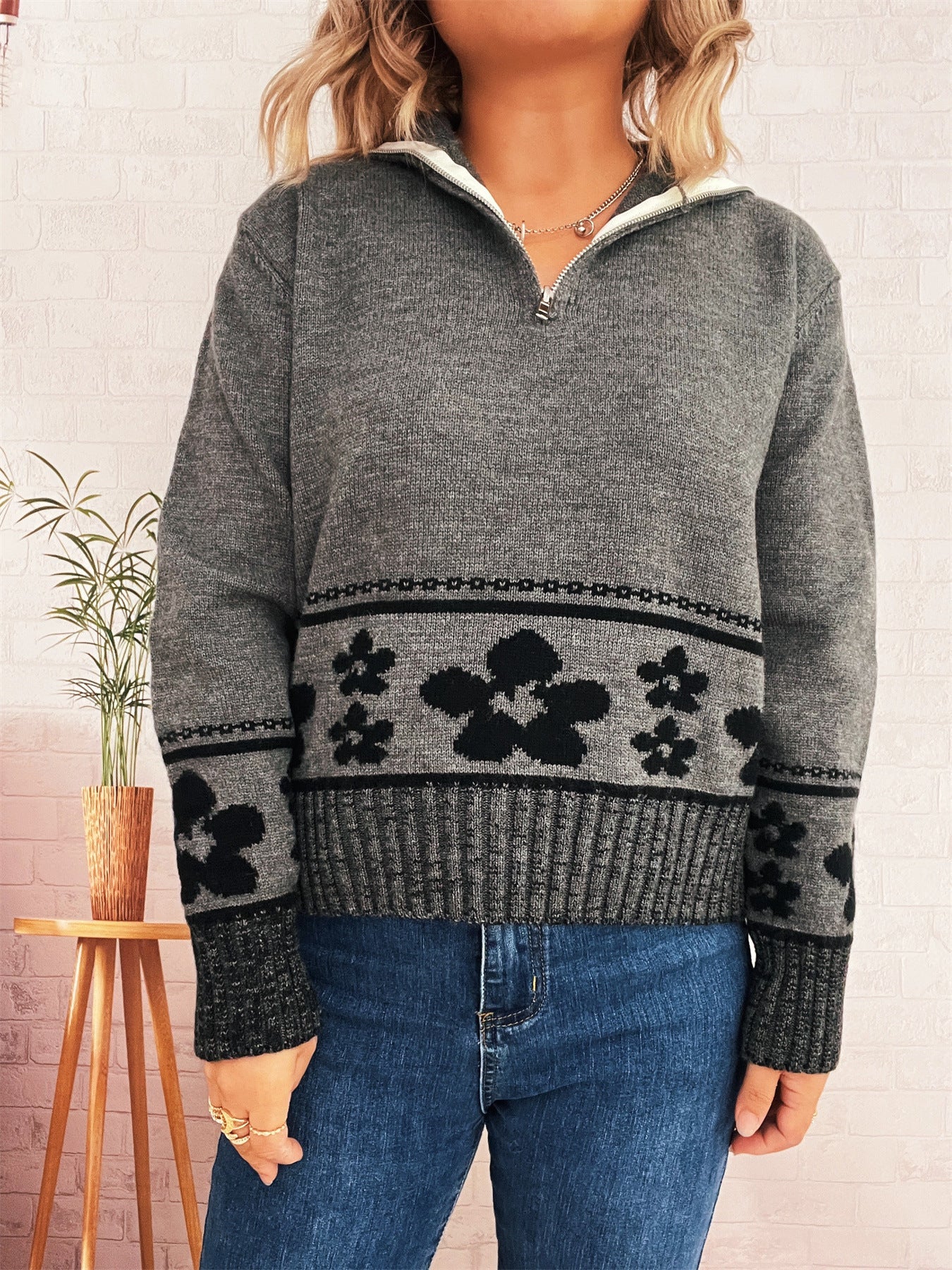 Damen Strickpullover Florales Muster Hoher Kragen Norvielle