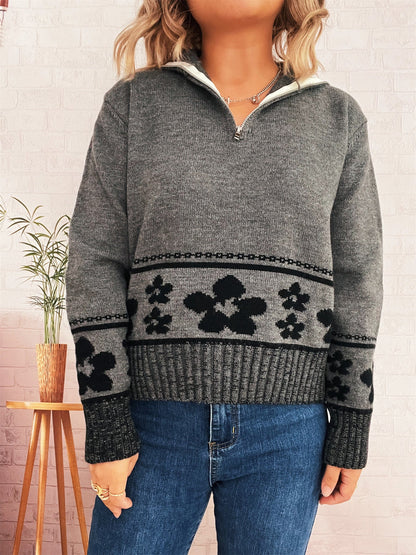 Damen Strickpullover Florales Muster Hoher Kragen Norvielle