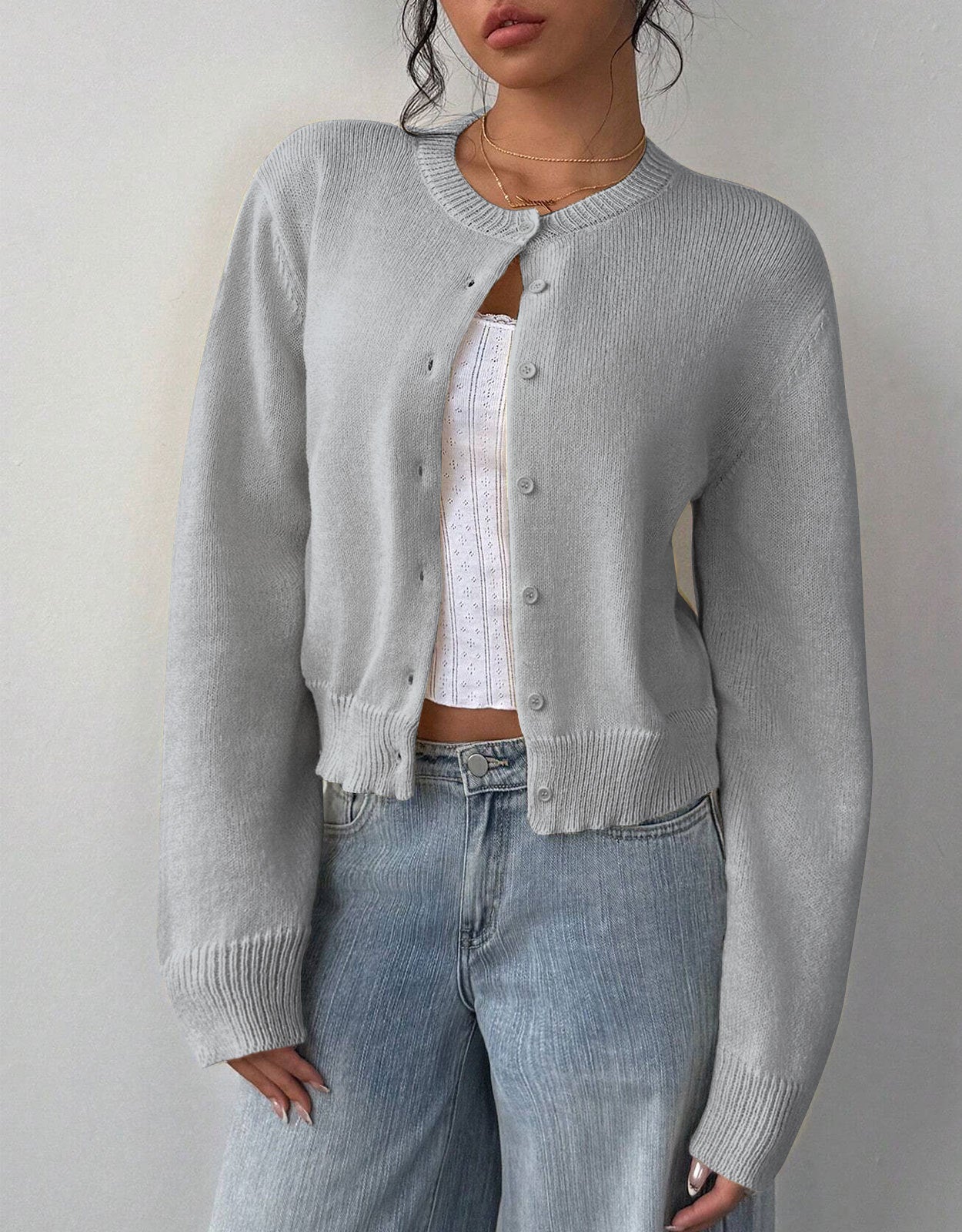 Damen Strickjacke Rippstruktur Knöpfe Beige