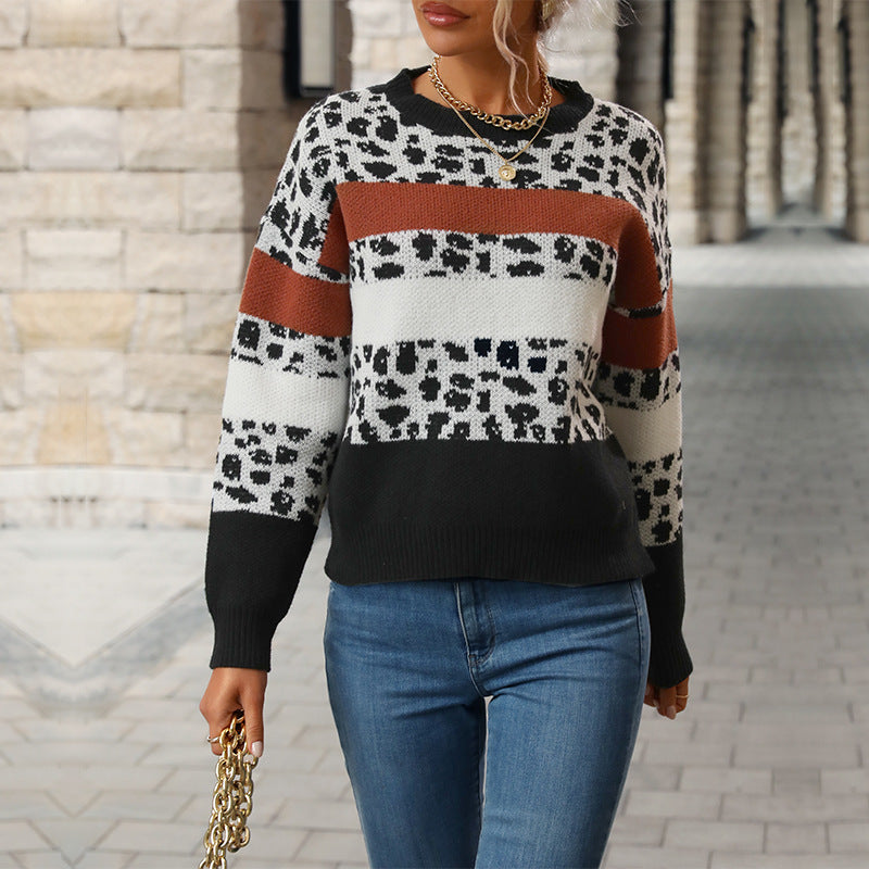 Damen Strickpullover Gemustert Animal-Print Farbblockdesign