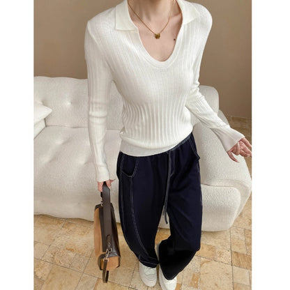 Damen Rippstrickpullover V-Ausschnitt Lang Norvielle