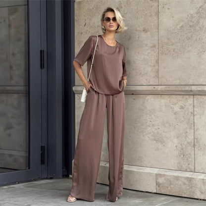 Damen Zweiteiler Set locker Oberteil weite Hose Norvielle