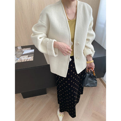 Damen Wolljacke Lässig Doppelter Knopfverschluss Beige