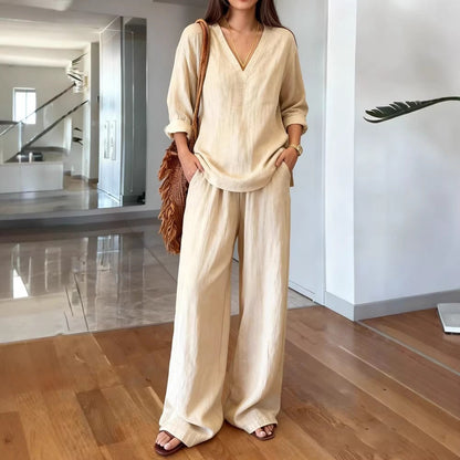 Damen Leinen-Oberteil und Palazzo-Hosen-Set Leinen Beige