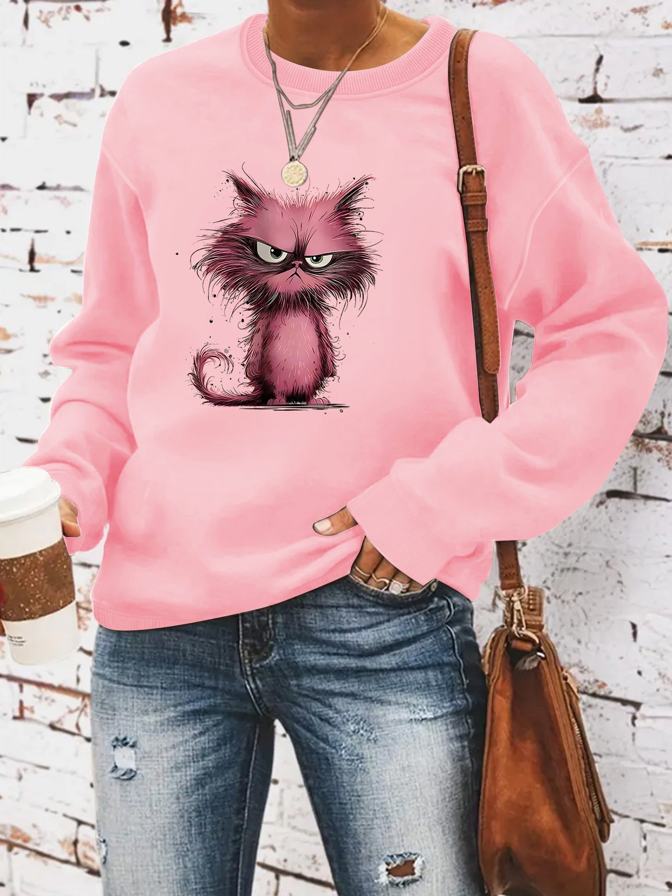 Damen Sweatshirt Katzenmotiv Baumwolle Weiß
