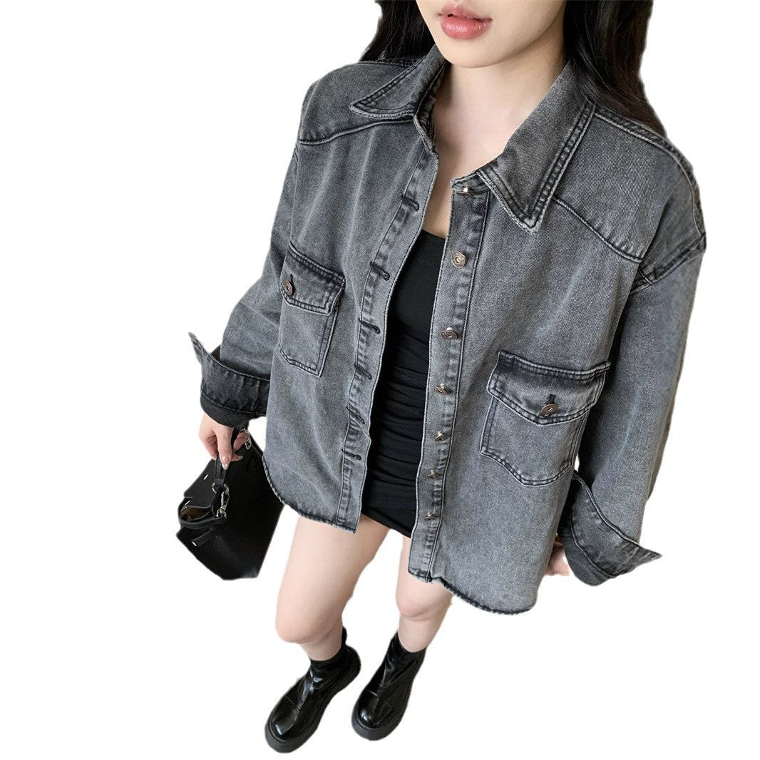 Damen Denim-Hemdjacke Lässig Große Taschen