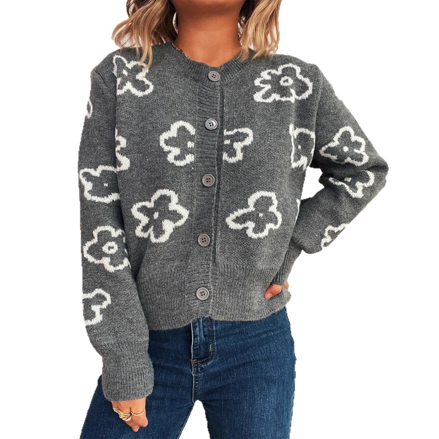 Damen Strickjacke Floralmuster Knöpfe Norvielle