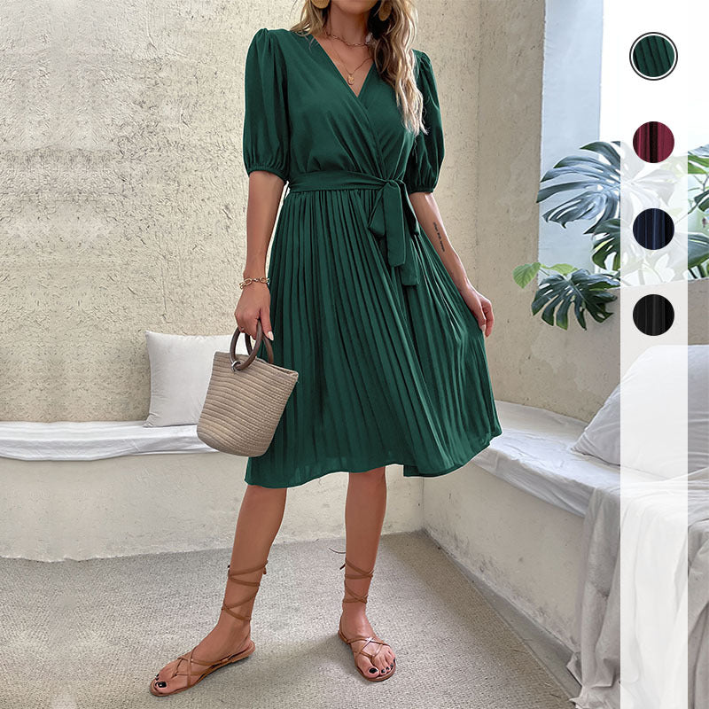 Damen Wickelkleid Voluminöse Ärmel Faltenrock Norvielle - Norvielle