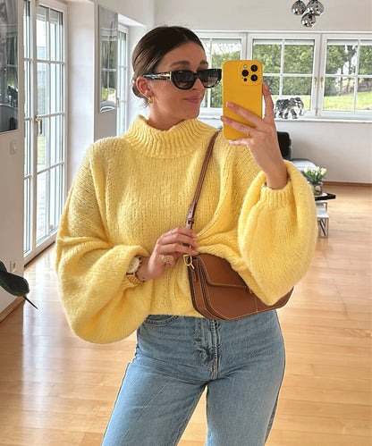 Damen Oversized Strickpullover Hochkragen Ballonärmel