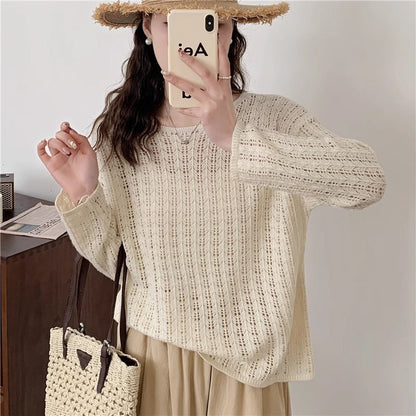 Damen Strickpullover Luftiger Netzdesign Beige