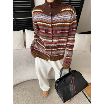Damen Strickjacke Bunt Muster Knöpfe Norvielle
