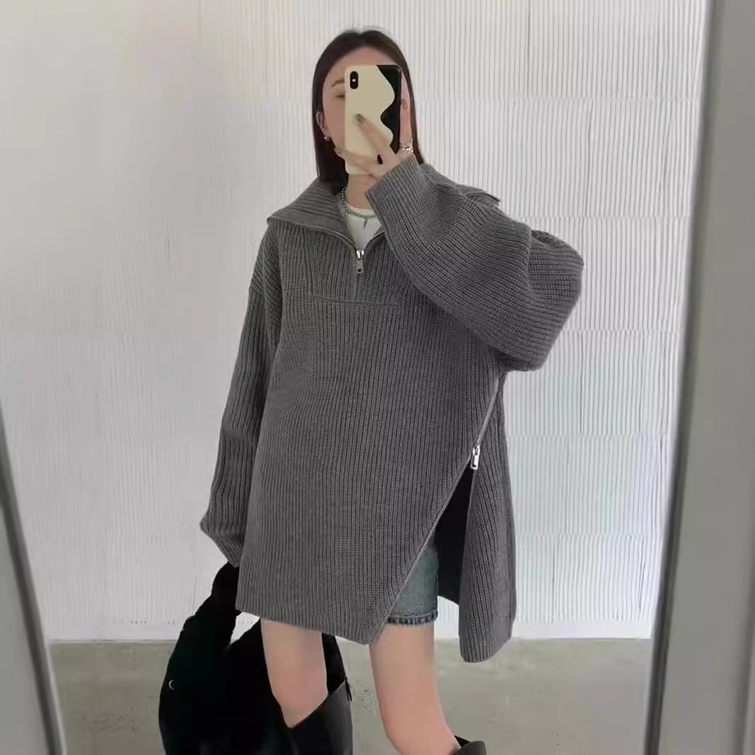 Damen Oversized Strickpullover Reißverschluss Seitenschlitze