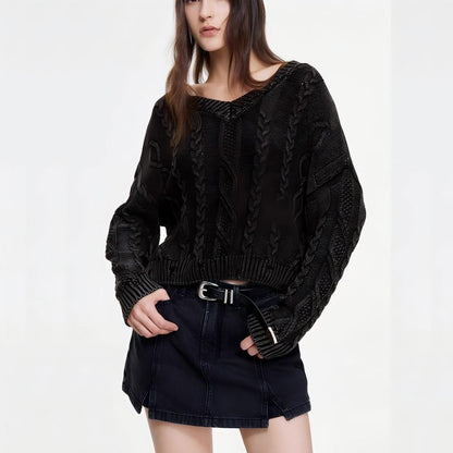 Damen Grobstrickpullover V-Ausschnitt Zopfmuster Norvielle