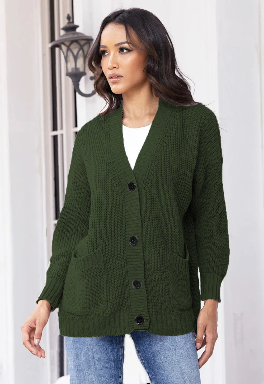 Damen Cardigan Grobstrick Mit Taschen V-Ausschnitt Beige