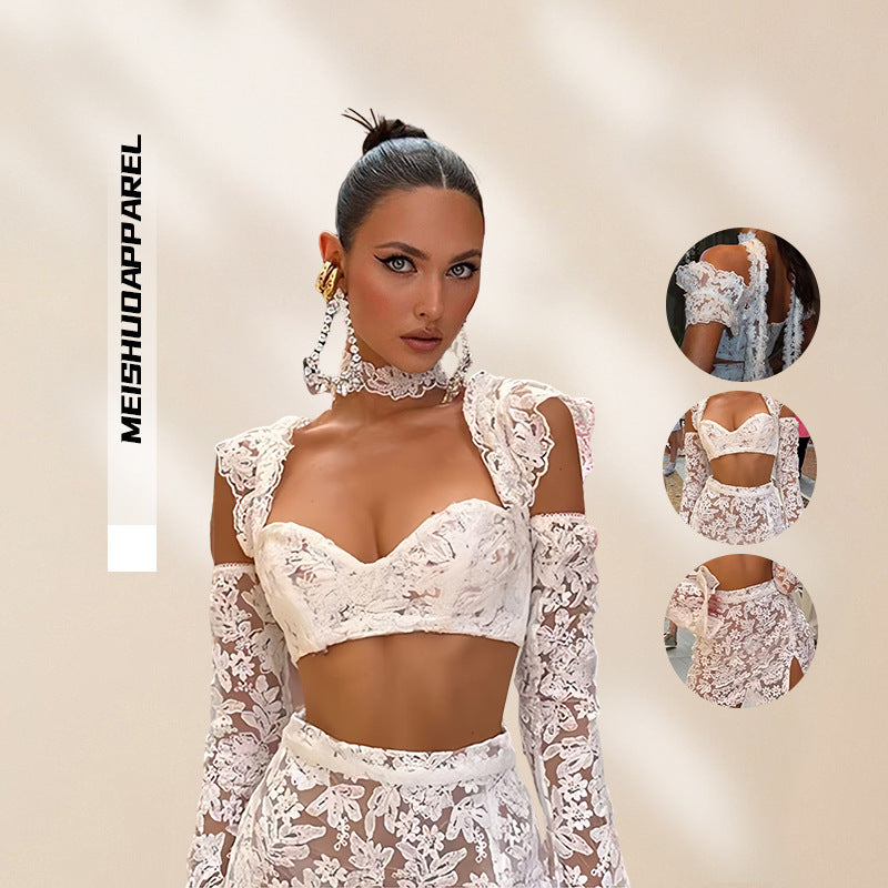 Damen Crop Set mit Rock transparente Details Norvielle - Norvielle