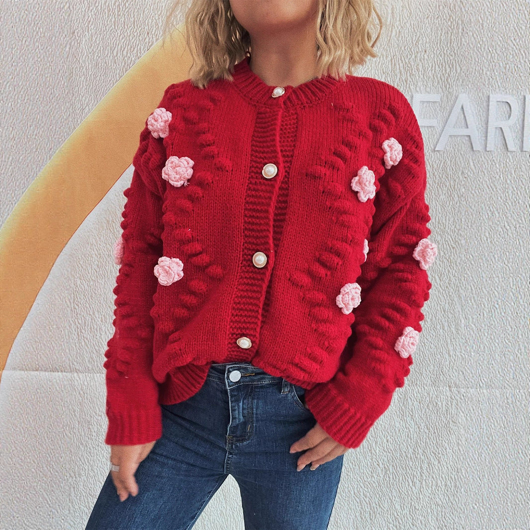 Damen Strickjacke Floralmuster Perlenknöpfe Norvielle