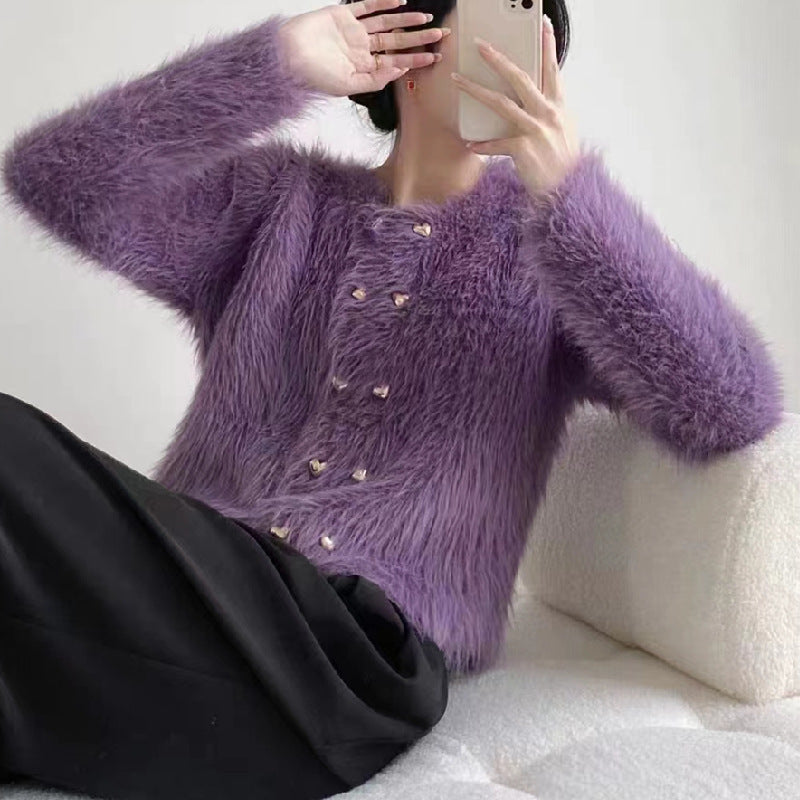 Damen Strickjacke Flauschig mit goldenen Knöpfen Norvielle