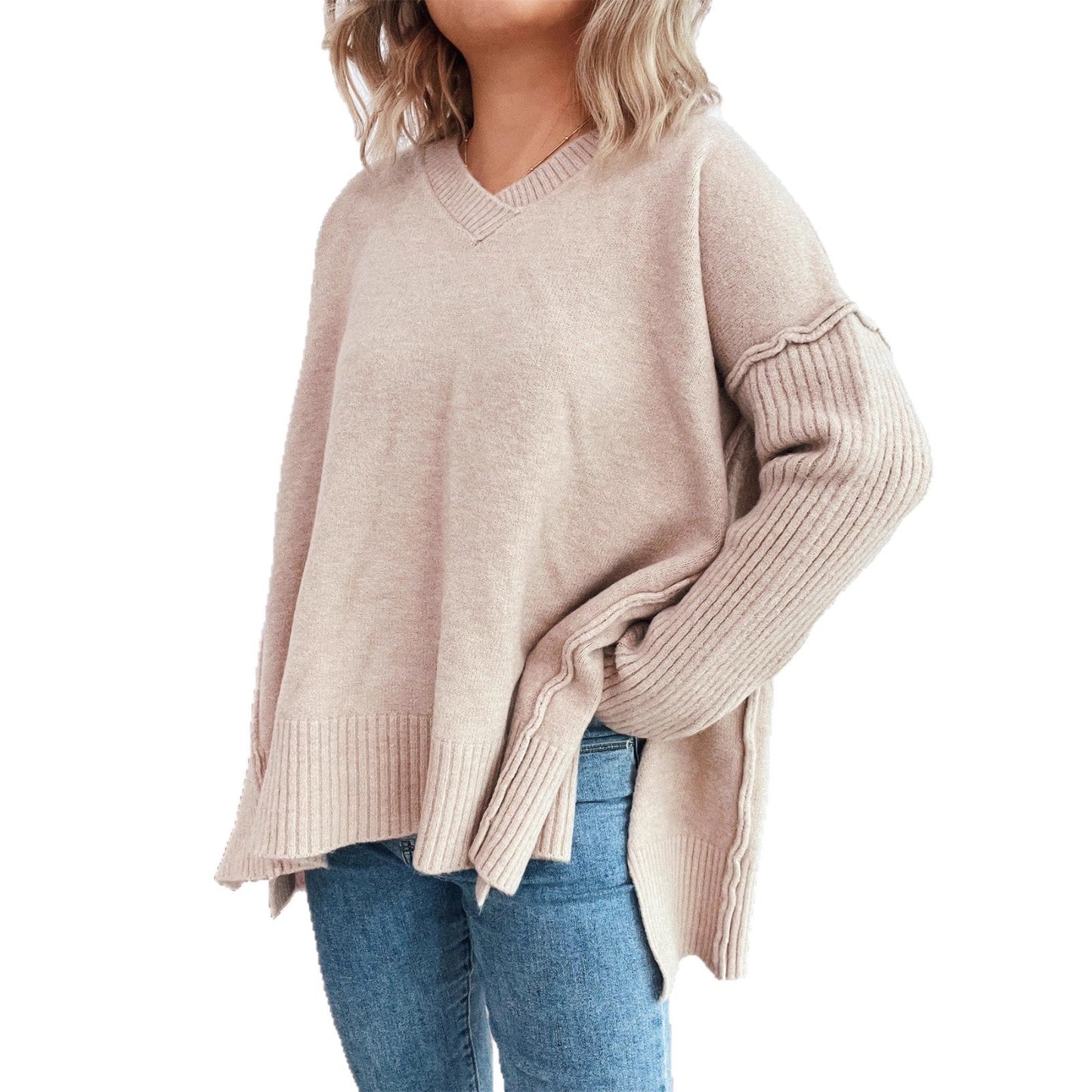 Damen Pullover V-Ausschnitt Strukturierte Ärmel Weite Passform Beige