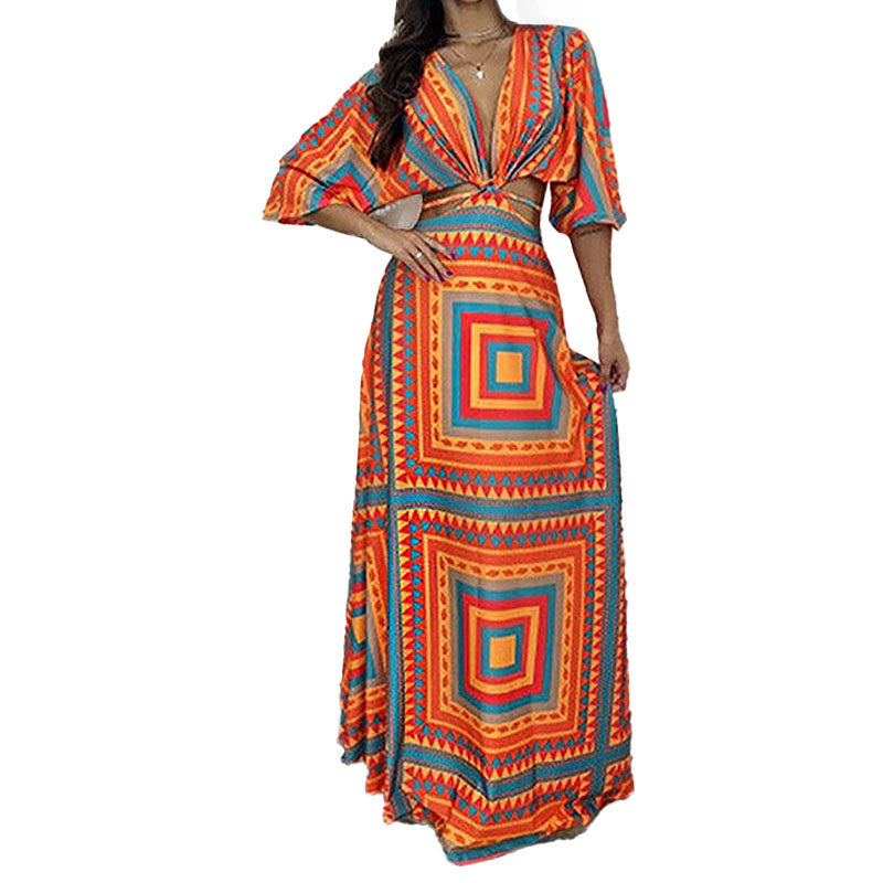 Damen Maxi-Kleid V-Ausschnitt Wellenmuster Norvielle