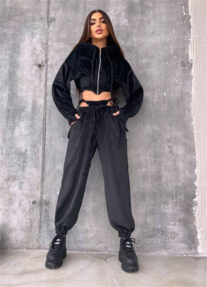 Damen Sportliches Velours-Cropped-Set mit Reißverschluss und