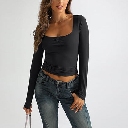 Damen Langarmshirt Quadratischer Ausschnitt Raffiniert Grau