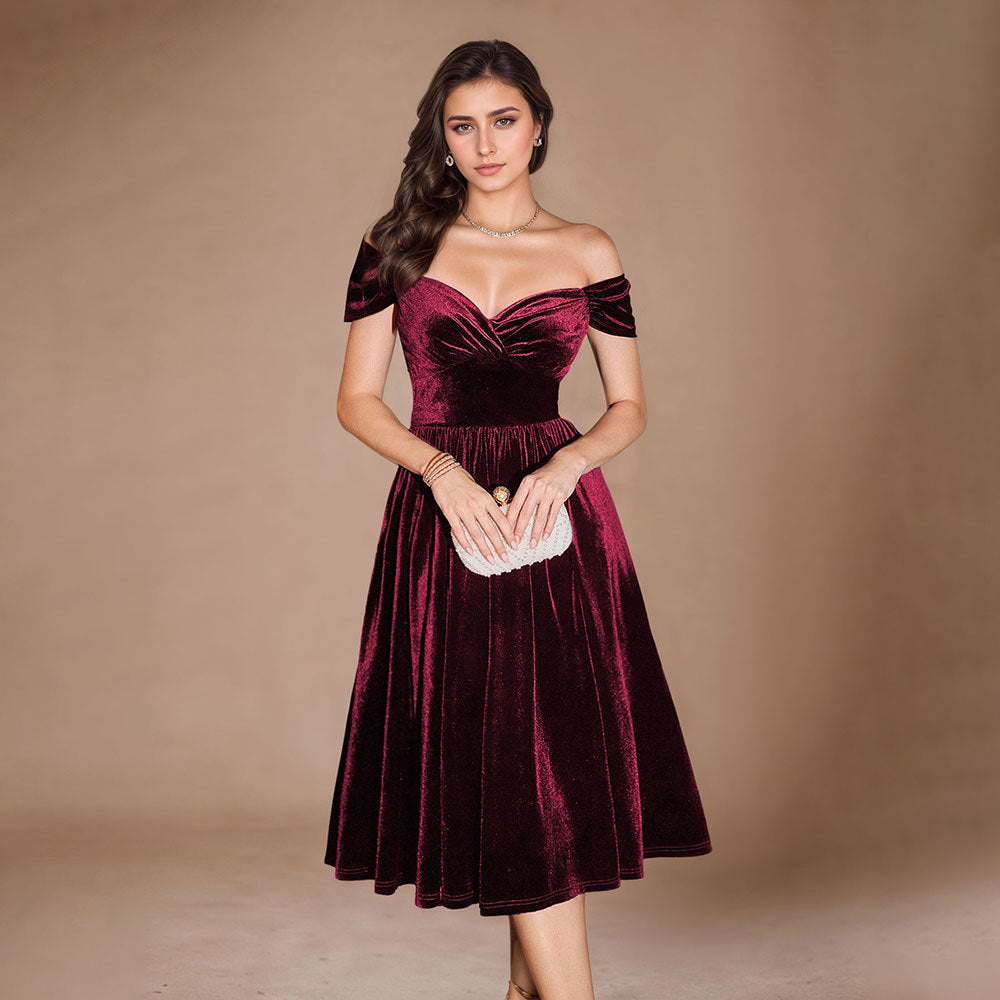 Damen Samt-Kleid Midi V-Ausschnitt Elegantes Taillieren Dunkelblau