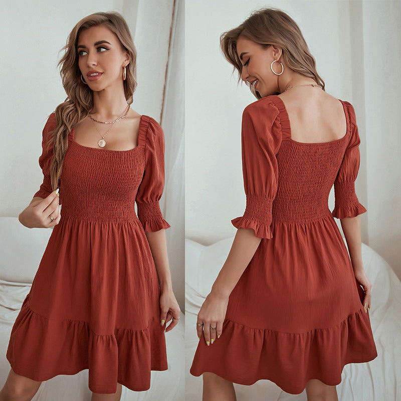 Damen Kurzarmkleid Geraffte Taille Voluminöser Rock Norvielle - Norvielle