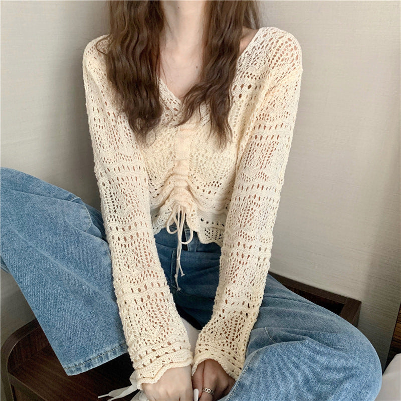 Damen Strickpullover Luftig Drop-Shoulder Kordelzug Beige